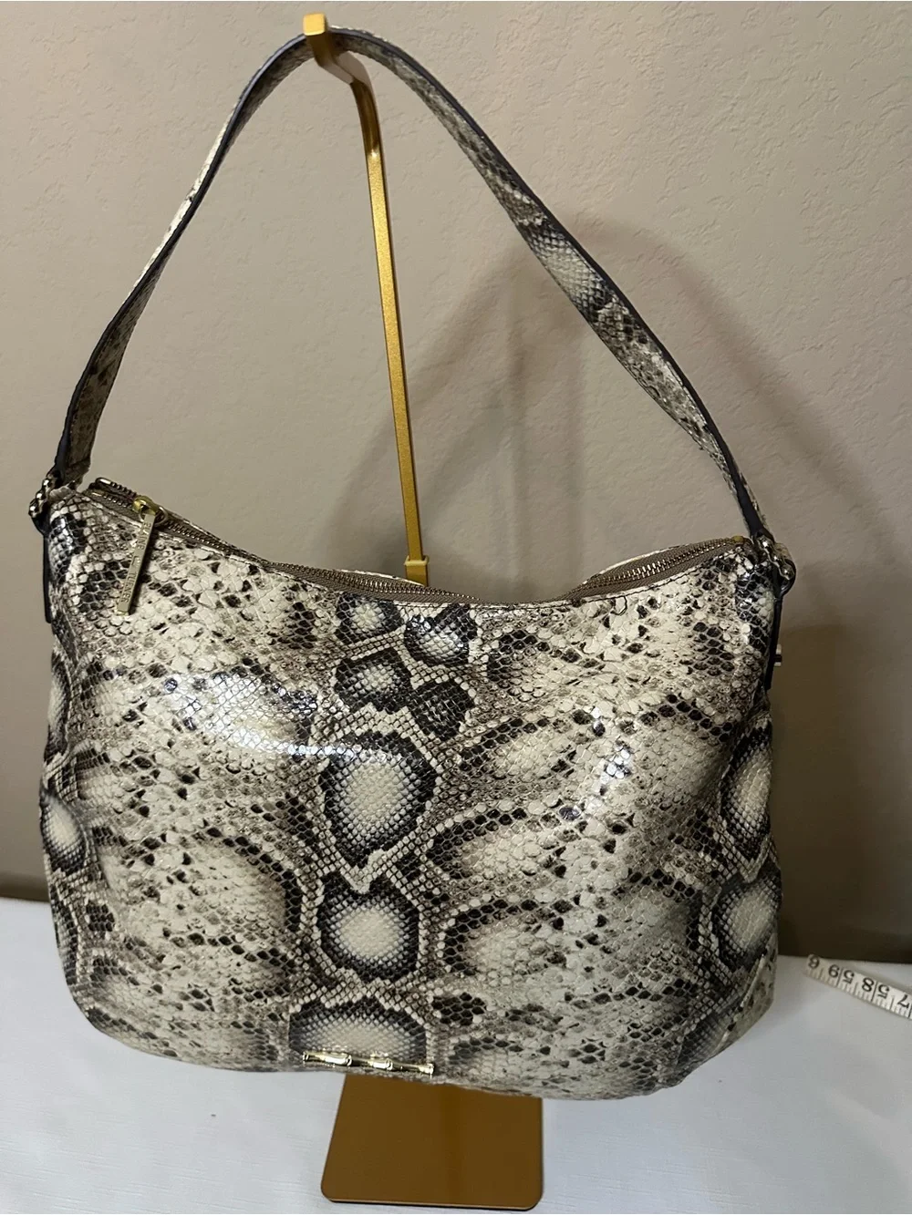 Snake-Print Hobo Shoulder Bag in Beige and Black